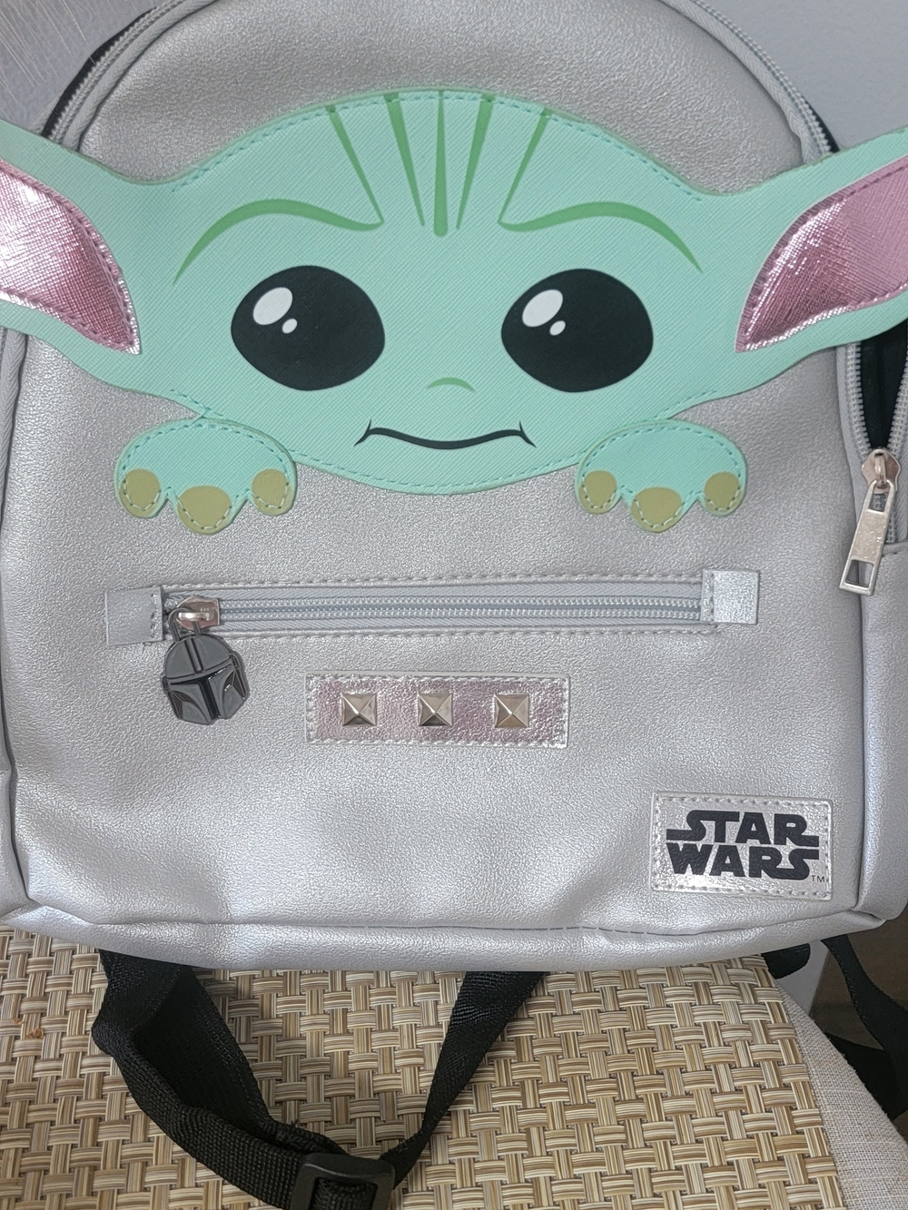 Star Wars Kids Silver Backpack with Green Grogu Face and Pink Ear Accents